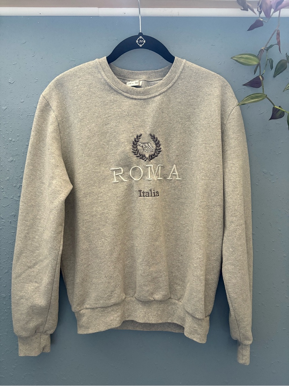 Roma Light Gray Crewneck Sweater with Embroidered Crest- Made in Italy